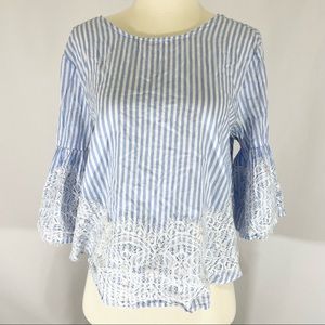 After Market 100% Cotton Blue and White Striped Lace Trim Long Sleeve Size S